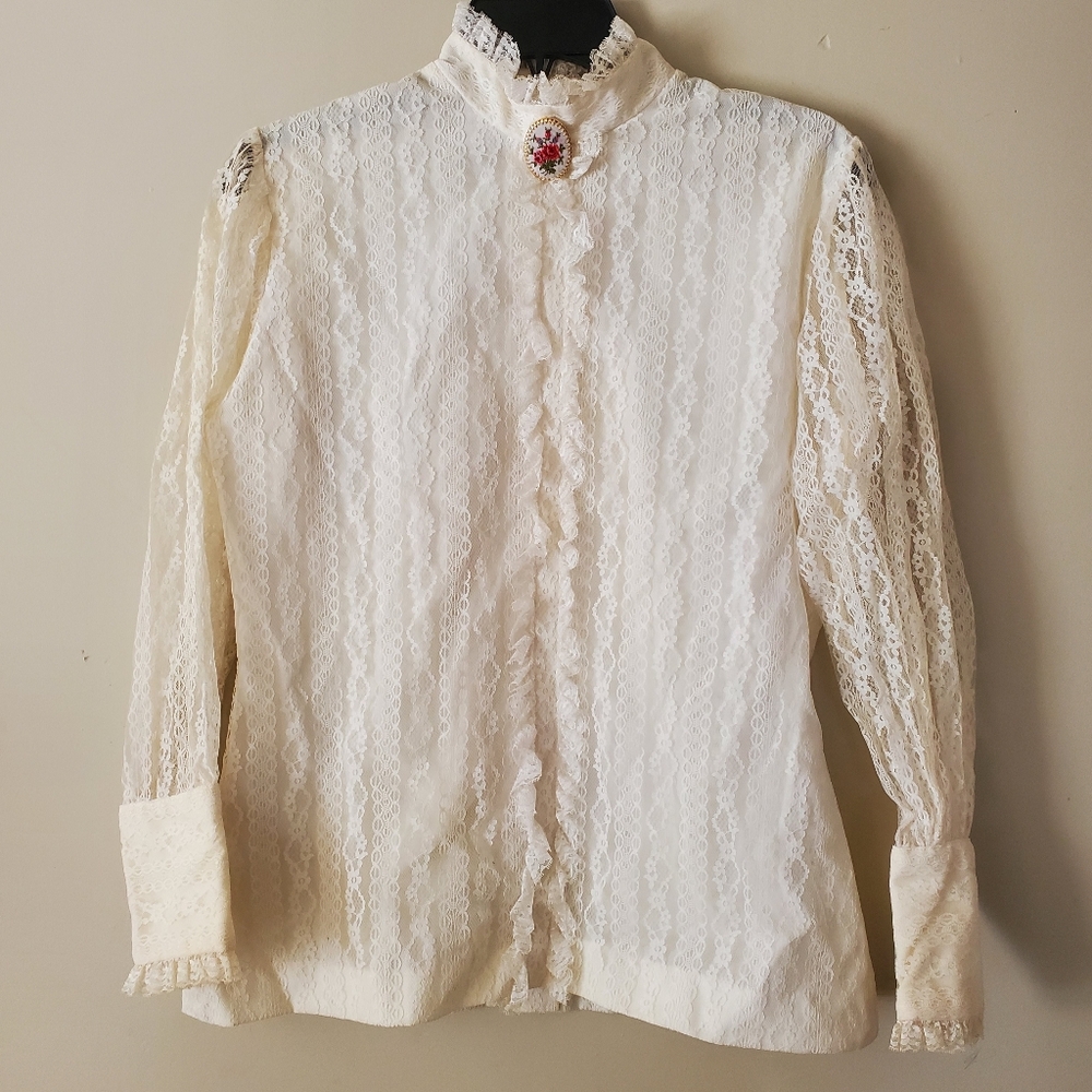 Vintage Judy Bond Lace Button Down High Collar Romance Blouse Size Vint. 12